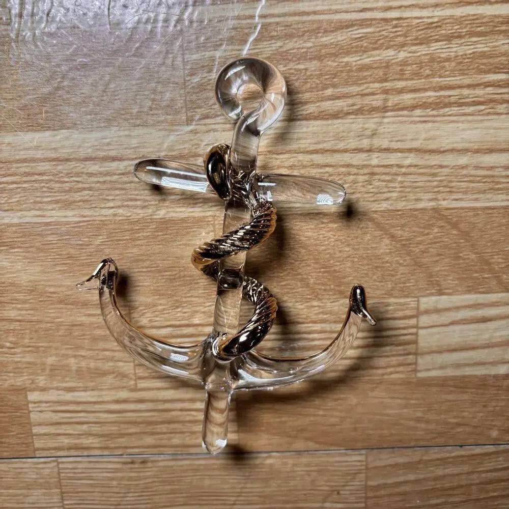 Cecil Art Glass Anchor Sculpture Wood Base Nautical Handmade Blown Glass 4 Inch